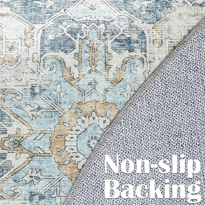 jinchan Kelda Round Rug 4ft Washable Area Rug Indoor Vintage Floor Cover Distressed Circle Mat 4' Round Lightweight Non Slip Low Pile Thin Carpet for Entryway Kitchen Living Room Bedroom Blue