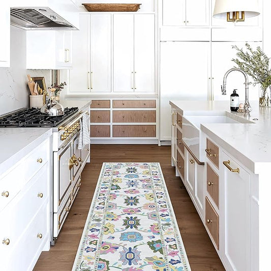Fame Living Colorful Oushak Rug, Modern Rugs, Vintage, Turkish, Eclectic, Floral, Pastel, Washable, Small Throw, Accent Area Rug for Living Room, Bedroom, Kitchen, Bathroom, 2'5"x4'9"