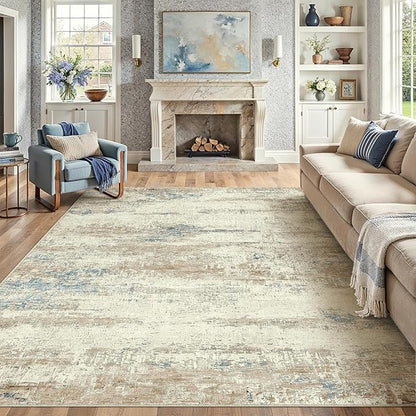 6x9 Area Rug Washable Beige Brown Abstract Living Room Carpet Non Slip Modern Neutral Soft Low Pile Contemporary Aesthetic Bedroom Large Rug Indoor Office Dining Room Playroom