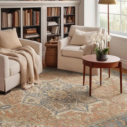 Kokia 5x7 Washable Area Rugs Terracotta with Vintage Orient Design, Soft Rug for Living Room or Bedroom, Non-Slip Low Pile Stain Resistance Features, Distressed Medallion Pattern