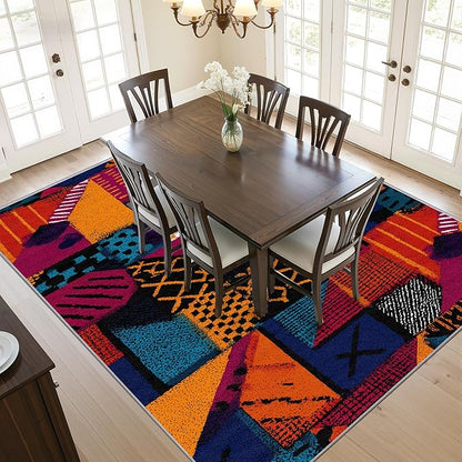 Geometric Bedroom Rug - Patchwork Abstract Art Rug, 6x9 Area Rugs, Multicolor Retro Aesthetic Non Slip Fade Resistant Large Carpets Home Decor #C023