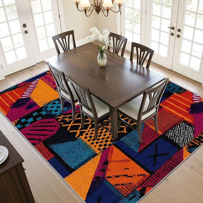 Geometric Area Rugs - Abstract Patchwork Ethic Rug 3x5, Multicolor Retro Aesthetic Washable Lightweight Carpet Room Decor #C016