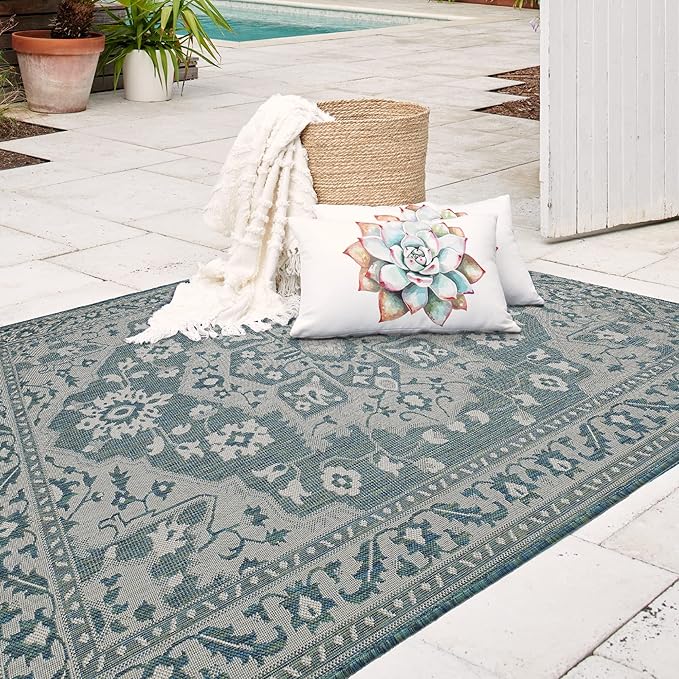 FH Home Flat Woven Outdoor Rug - Waterproof, Easy to Clean, Stain Resistant - Premium Polypropylene Yarn - Vintage - Patio, Porch, Deck, Balcony - Shiraz - Ocean - 5ft 4in x 7ft 6in
