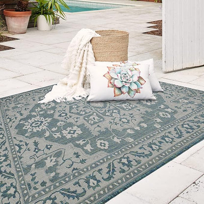 FH Home Flat Woven Outdoor Rug - Waterproof, Easy to Clean, Stain Resistant - Premium Polypropylene Yarn - Vintage - Large Patio, Deck, Sunroom - Shiraz - Ocean - 7ft 10 in x 10ft 9in