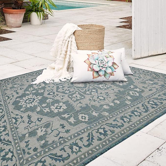 FH Home Flat Woven Outdoor Rug - Waterproof, Easy to Clean, Stain Resistant - Premium Polypropylene Yarn - Vintage - Large Patio, Deck, Sunroom - Shiraz - Ocean - 7ft 10 in x 10ft 9in