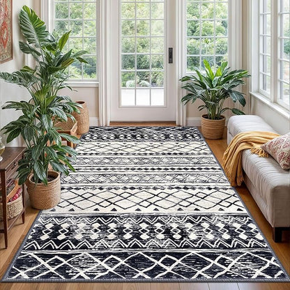 KUTA 4x6 Rug Boho Rugs for Living Room, Moroccan Washable Kitchen Rug Non Slip, Black Navy Blue Ultra Soft Print Geometric Entry Low-Pile Throw Carpet for Bedroom Nursery Dorm Decor