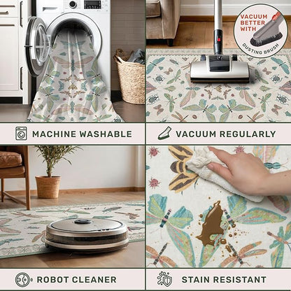 Washable Non Slip Bathroom Runner Rug 2x5, Insect Boho Bath Mat, Stain Resistant Low Pile Butterfly Insect Print Rugs for Laundry Room, Powder Room, Beige Green