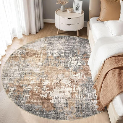 8ft Round Area Rug Living Room Rugs - 8x8 Washable Large Soft Indoor Neutral Modern Abstract Low Pile Rug Carpet for Bedroom Dining Room Farmhouse Home Office - Grey Brown