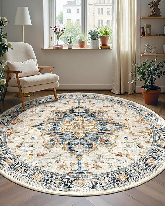 Area Rugs 6ft Washable Non-Slip, Floral Vintage Distress Print Pattern Medallion Carpet for Living Room Bedroom Dining Room, Beige Navy Blue Orange Colorful