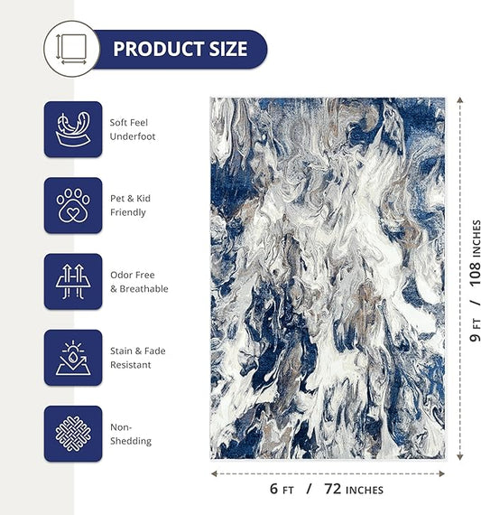 Abani Regal Blue Area Rug for Living Room, Bedroom - Swirl Abstract Pattern - 6' x 9' - Durable & Easy to Clean Washable