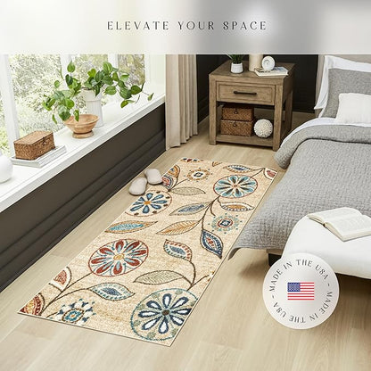 Maples Rugs Reggie Floral Runner Rug - Made in USA - Washable, Non Slip Indoor Carpet for Kitchen, Hallway, and Laundry Room, 2'6" x 5', Beige