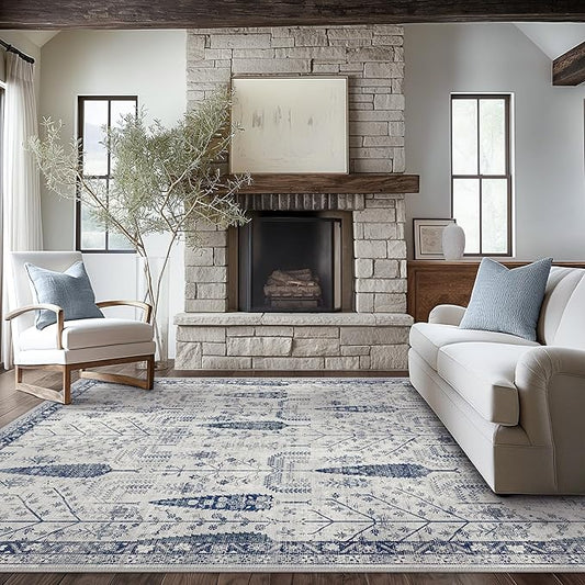 Bavni Rugs for Living Room, Floral Non Slip Machine Washable Rug, Neutral Low Pile Lightweight Rug for Dining Room Bedroom, Thin Durable Farmhouse Vintage Tree Blue 6x9 Rugs