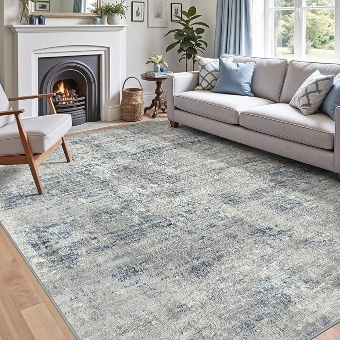 DEXI 10x14 Area Rug for Living Room, Modern Abstract Thin Washable Rug Indoor Floor, Non Slip Stain Resistant Low Pile Carpet for Dining Room Bedroom Office, Blue