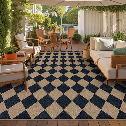 Lahome Checkered Easy Jute Carpet, Washable 8x10 Rugs for Living Room Outdoor Patio Rugs, Farmhouse Neutral Non Slip Stain Resistance Floor Carpet for Office Backyard Sunroom