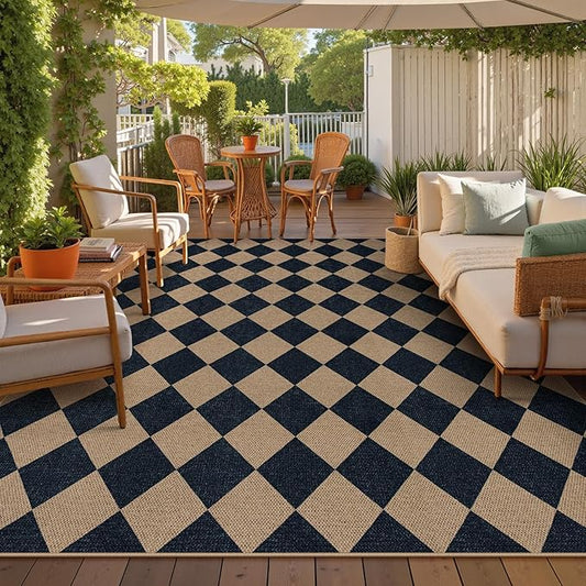 Lahome Checkered Easy Jute Carpet, Washable 8x10 Rugs for Living Room Outdoor Patio Rugs, Farmhouse Neutral Non Slip Stain Resistance Floor Carpet for Office Backyard Sunroom