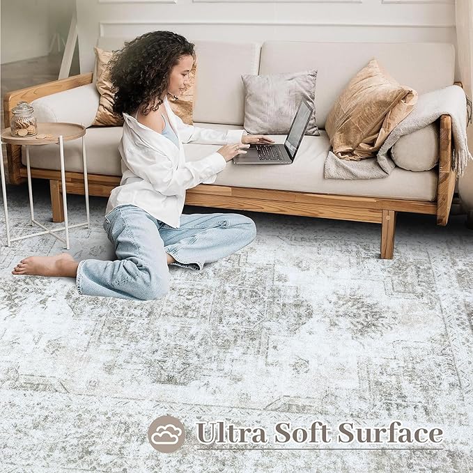 Area Rug 10x12 Living Room Rugs, Machine Washable Vintage Distressed Medallion Rug Non-Slip Soft Low Pile Large Indoor Rugs for Bedroom Kitchen Dining Room Office(Taupe,10'x12')