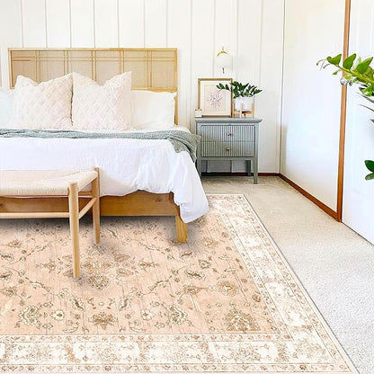 Area Rug 6x9 Washable Rug Tangerine Vintage Traditional Floor Cover Thin Retro Kitchen Indoor Distressed Non Slip Carpet Floral Print Mat Living Room Bedroom Dining Room