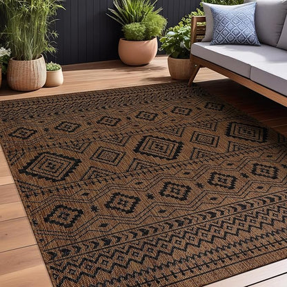 Beverly Rug Waikiki Boho Indoor Outdoor Rug 6x9, Washable Outside Carpet for Patio, Deck, Porch, Bohemian Area Rug, Farmhouse Rugs, Aztec Tribal Rug, Nut Brown and Black