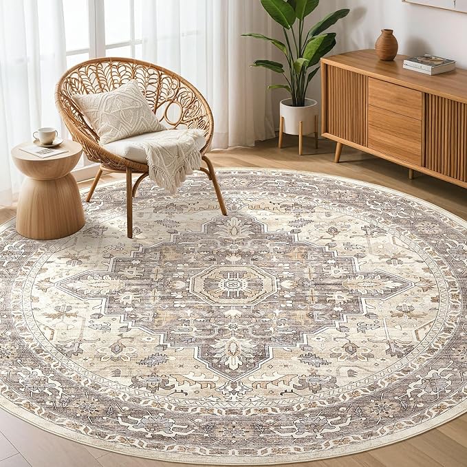Round Rug Living Room Rugs: 8Ft Washable Boho Neutral Large Circle Soft Indoor Floral Stain Resistant Floor Farmhouse Carpet for Bedroom Nursery Kids Playroom Office Dining Room Dorm Home- Beige Brown