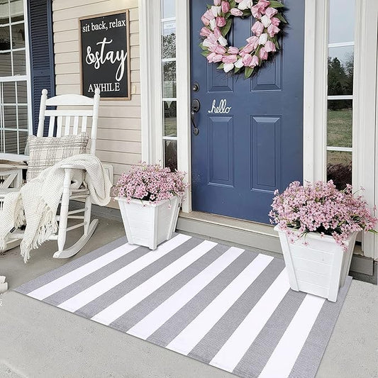 KOZYFLY Striped Outdoor Rug 3x5 Ft Front Door Rug Gray and White Hand Woven Cotton Washable Outdoor Doormats Outdoor Entrance Mat for Front Door Kitchen Entryway Patio Front Porch Decor