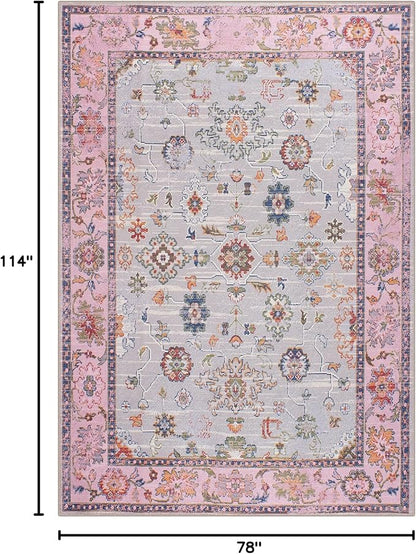 GLN Rugs Traditional Collection - Machine Washable Area Rug, Traditional Washable, Non Slip, Low Pile Chenille Rug, Living Room, Bedroom, Kitchen Rug (6' x 9' Pink/Blue/Multicolor)