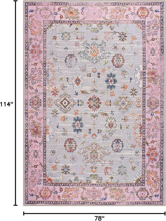 GLN Rugs Traditional Collection - Machine Washable Area Rug, Traditional Washable, Non Slip, Low Pile Chenille Rug, Living Room, Bedroom, Kitchen Rug (6' x 9' Pink/Blue/Multicolor)