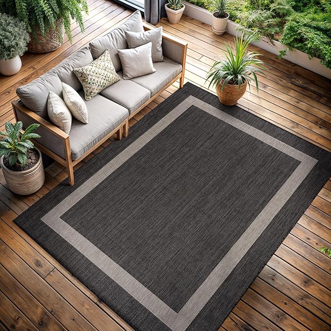 CAMILSON Outdoor Rug 5x7,Modern Outside Rugs for Patios Porches Waterproof Durable Washable Non-Shedding, Easy-to-Clean Indoor Outdoor Area Carpet (5 x 7, Bordered - Dark Gray/Light Gray)
