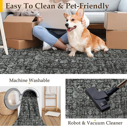 Dark Black Area Rug 8x10 Machine Washable Large Vintage Living Room Distressed Non Slip Carpet Traditional Indoor Bedroom Retro Floral Accent Throw Rug for Office Kitchen Dining Room