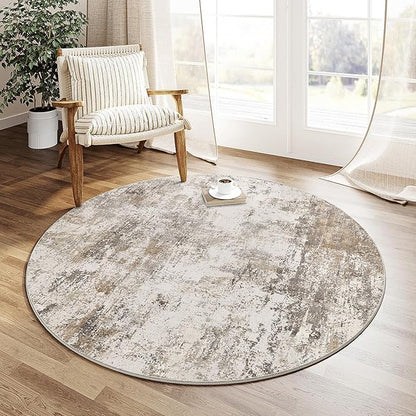 6x6 Washable Round Rug Brown Grey Abstract Living Room Bedroom Area Rug Neutral Modern Non Slip Soft Low Pile Indoor Carpet for Dining Room Office Entryway