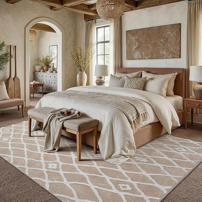 Beige 6x9 Area Rug Moroccan Shag Living Room Washable Carpet Soft Non Shedding Neutral Boho Plush Pile Modern Large Throw Rug for Office Bedroom Dining Room Playroom