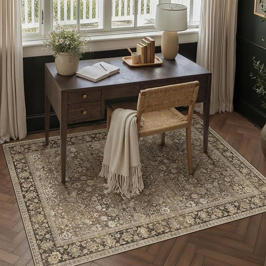 HUGEAR 3x5 Machine Washable Rugs Brown Hallway Area Rug Indoor Accent Rug Floral Mid Pile Carpet Soft Thicker Throw Rug Bedroom Living Room Office Dining Room Kitchen Laundry Room Non Slip