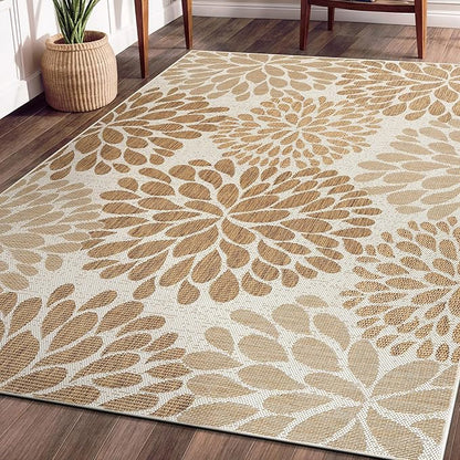 Beverly Rug Outdoor Rug 6x9 Modern Exotic Tropical Leaf Area Rugs for Indoor and Outdoor Patio Deck Porch Garden Water Resistant Washable Outside Carpet (6 x 9 Beige)
