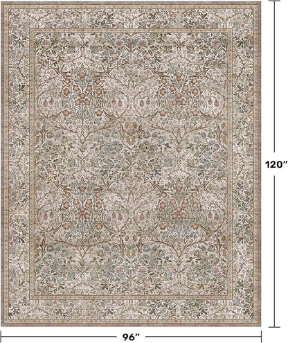Vintage Moss Green Living Room Rug, 8x10 Washable Area Rugs for Bedroom, Dining Room Rugs Under Kitchen Table, Oriental Taupe Low Pile Stain Resistant Non-Slip Large Rug