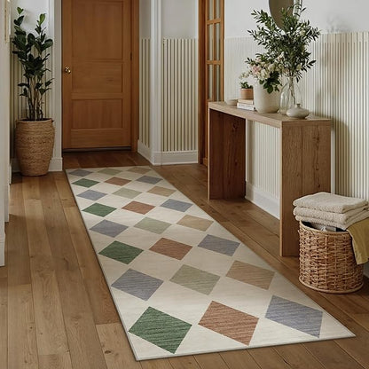 3x8 Runner Checkered Rug for Hallways Colorful Washable Long Carpet Non-Slip Low Pile Boho Indoor Accent Throw Rug for Entrance Kitchen Bedroom Dining Laundry