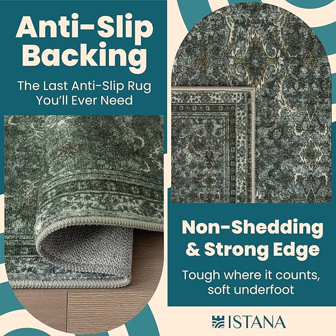Istana 5x7 Area Rug - Dark Green Rugs for Living Room 5x7 - Foldable Rugs for Bedroom - Stain Resistant Washable Rug - Eco-Friendly Boho Area Rugs - Easy to Clean Living Room Rug