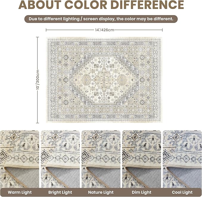 zesthome 10x14 Area Rugs,Stain Resistant Washable Rug,Ultra-Thin Rugs for Living Room,Bedroom,Non-Slip Backing Home Decor Large Area Rug (Beige,10'x14')