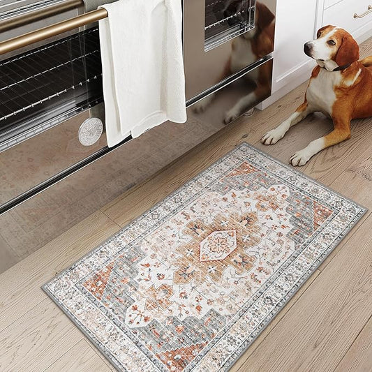 Moynesa Ultra-Thin Washable Entryway Rug 2x3 Rug, Small Kitchen Rugs for Entryway Indoor Non Slip, Vintage Throw Mat for Front Door Entrance Bathroom Laundry Room, Beige/Gold