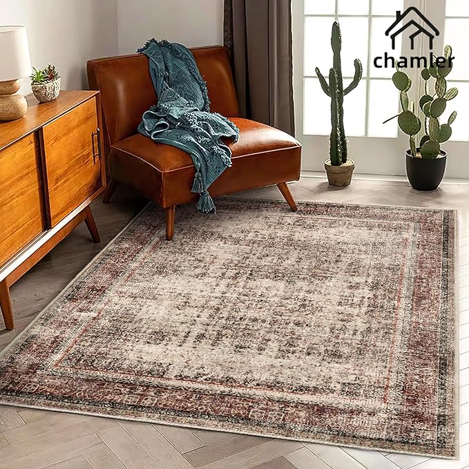 3x5 Area Rug Vintage Washable Thin Tangerine Traditional Floor Cover Foldable Indoor Distressed Non Slip Carpet Floral Print Mat Rugs for Bedroom Living Room Bathroom