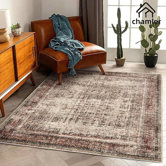 3x5 Area Rug Vintage Washable Thin Tangerine Traditional Floor Cover Foldable Indoor Distressed Non Slip Carpet Floral Print Mat Rugs for Bedroom Living Room Bathroom