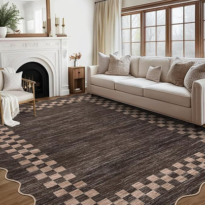 GarveeHome Area Rug 6x9 Large Living Room Modern Border Throw Rug with Rubber Backing Stain Resistant Dining Room Throw Carpet Washable Scalloped Rug for Bedroom Home Decor Office, Brown