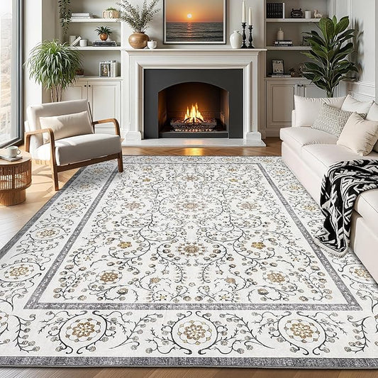 GarveeHome Boho 8x10 Area Rugs for Living Room, Floral Vintage Rugs for Bedroom with Soft Low Pile, Non Slip Stain Resistant Washable Rug 8x10 for Dining Room Grey Large Carpet for Office Playroom