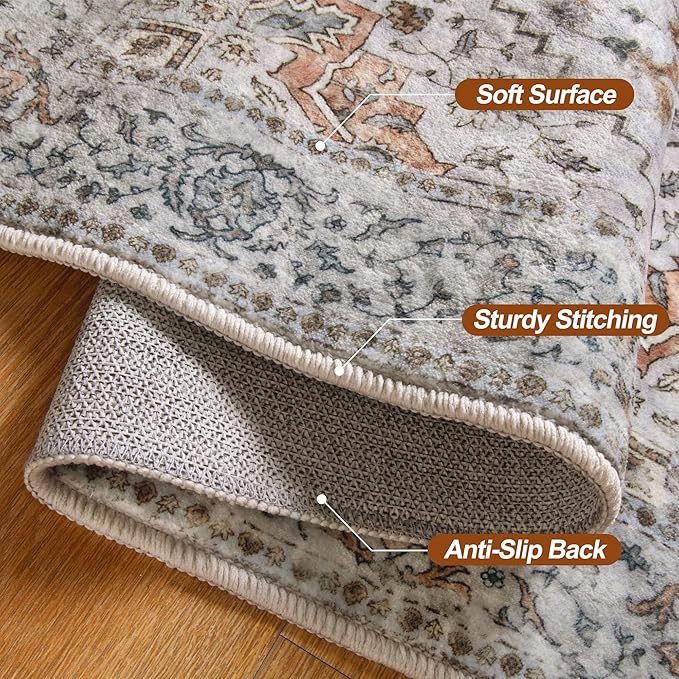 Tangsoo 2x10 Washable Runner Rug for Hallways, Non Slip Vintage Runner Rug, Soft Low Pile Long Runner, Print Distressed Grey Carpet Runners for Kitchen Bedroom Entryway Bathroom Living Room