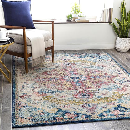 Livabliss Area Rugs - 5x7 Odelia Vintage Boho Aqua Burgandy Blue Area Rug for Living Room Bedroom - Floral Medallion Stain Resistant Carpet for Kitchen, Nursery, Office (5'3" x 7'3")