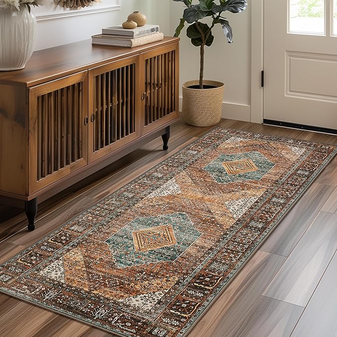 Bavni Runner Rug 2x5 Kitchen Rugs for Hallways Entryway, Washable Print Carpet, Low Pile Lightweight Rug with Non Slip Backing, Vintage Brown/Blue