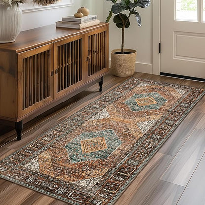 Bavni Runner Rug 2x6 Kitchen Rugs for Hallways Entryway, Washable Print Carpet, Low Pile Lightweight Rug with Non Slip Backing, Vintage Brown/Blue