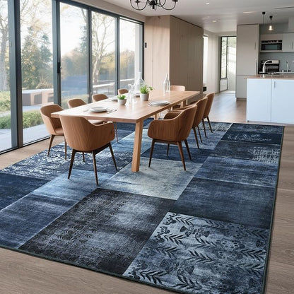 Tepook Modern Area Rug for Living Room, 8x10 Geometric Large Rugs for Bedroom, Washable Patchwork Rug Indoor Non-Slip Throw Carpets for Dining Room Office Farmhouse Home Decor, Blue