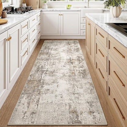 2x6 Washable Runner Rug Brown Grey Abstract Hallway Kitchen Throw Rug Neutral Modern Non Slip Soft Low Pile Carpet for Bathroom Laundry Bedroom Living Room