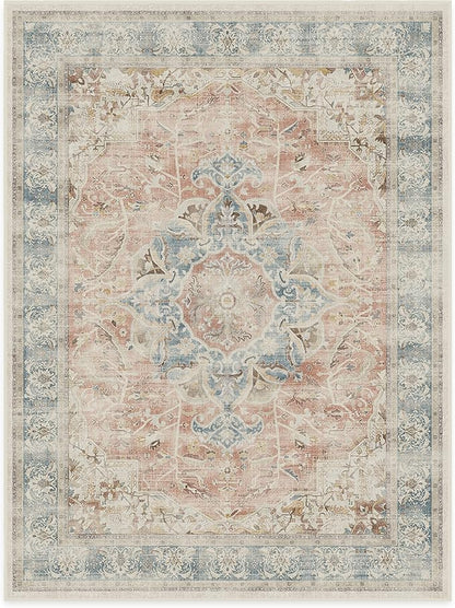 RUGGABLE Washable Vintage Area Rug – Sarrah Coral 9x12, Stain-Resistant, Non-Slip – Large Machine Washable Rugs for Living Room, Bedroom, Hallway, Entryway & Office–with Cushioned Pad