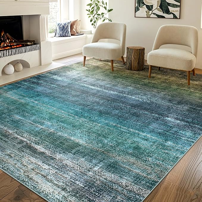 Kokia Abstract Area Rugs 6x9 Boho Washable Distressed Retro Indoor Floor Rug Multicolor Low Pile Non-Slip Non-Shedding Blue Carpet Bedroom Living Room Dining Room, Oslo Teal
