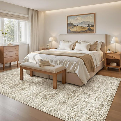 7x9 Area Rug for Living Room Washable Abstract Vintage Soft Thin Indoor Floor Non-Slip Carpet for Bedroom Dining Room Brown